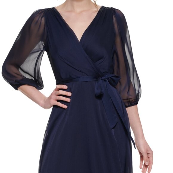 DKNY Balloon-Sleeve Faux-Wrap Gown – Midnight Blue – Size 8 – NWT - Picture 2 of 3